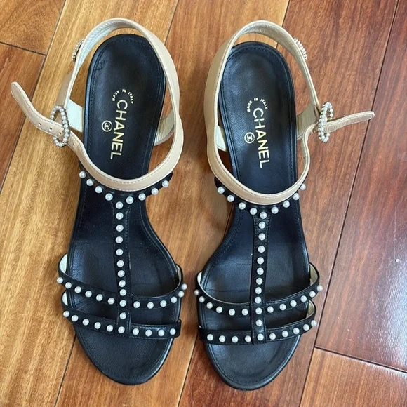 Chanel Black and Tan with pearls Women's Sandals - Picture 2 of 12